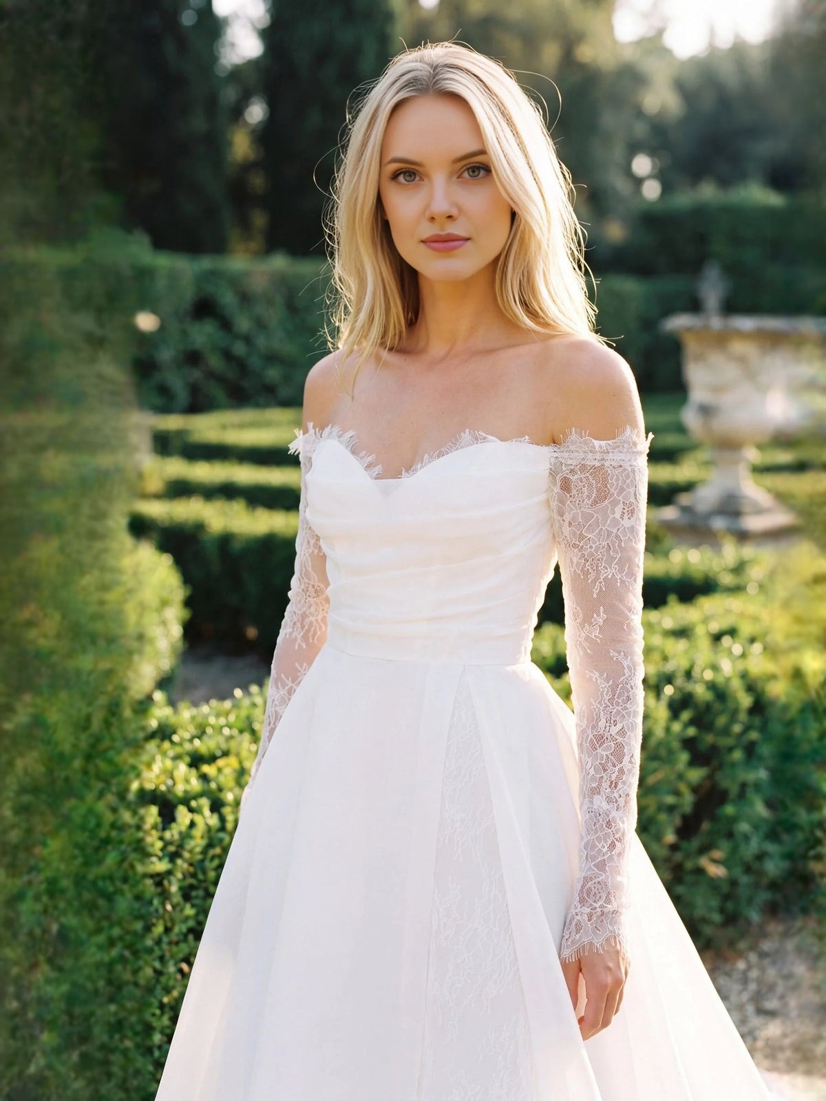 Ivory floor-length wedding dress, alternate view showing the full-length profile