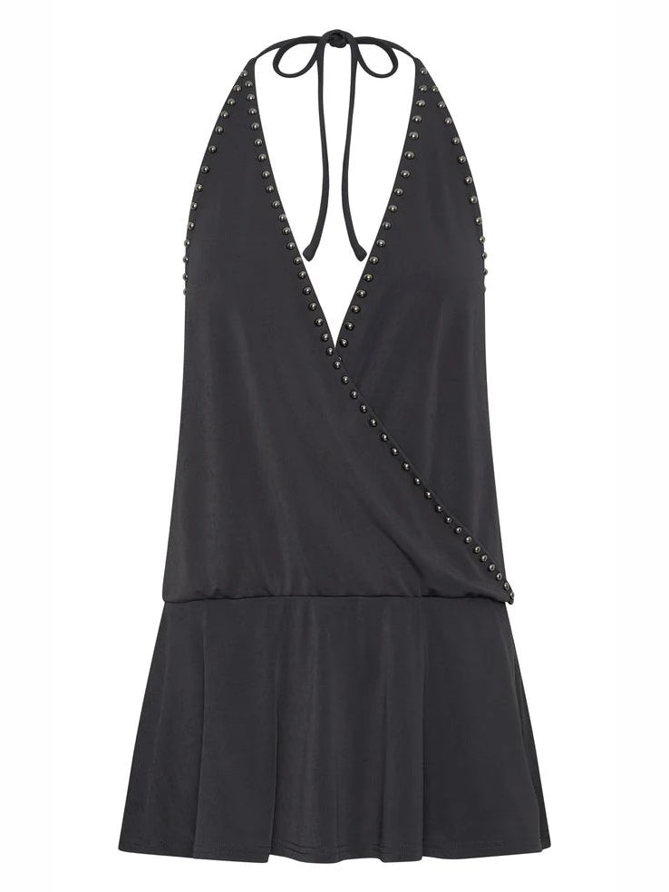 Black mini homecoming dress, alternate view showing the full-length profile
