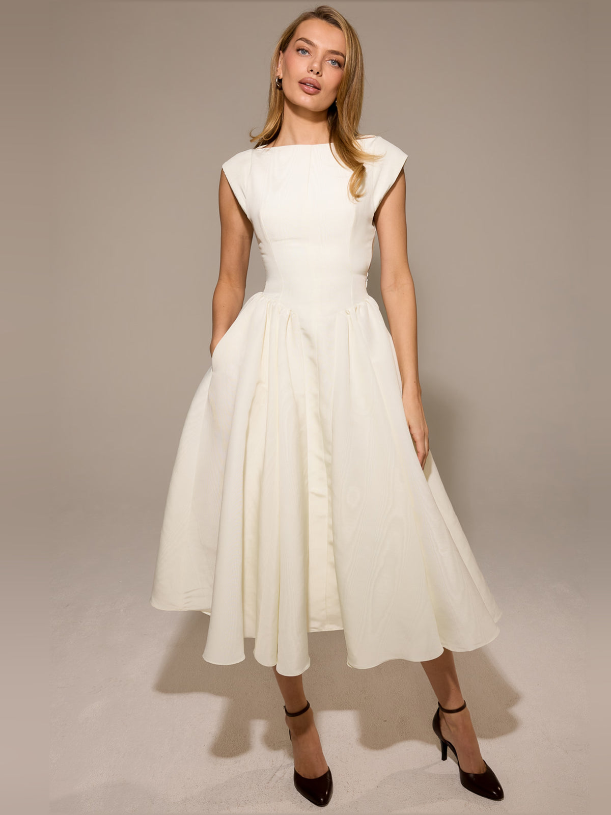 Ivory midi formal dress, alternate view showing the hem