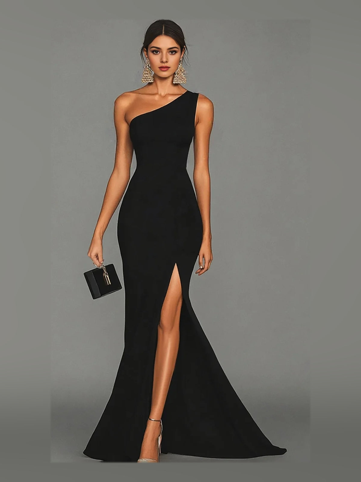 Black maxi prom dress, alternate view showing the full-length profile