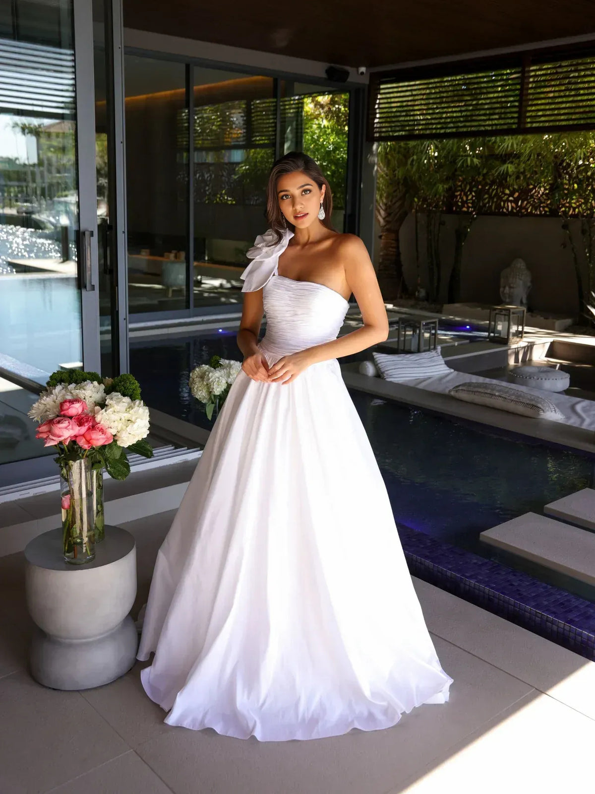 White maxi prom dress, alternate view showing the full-length profile