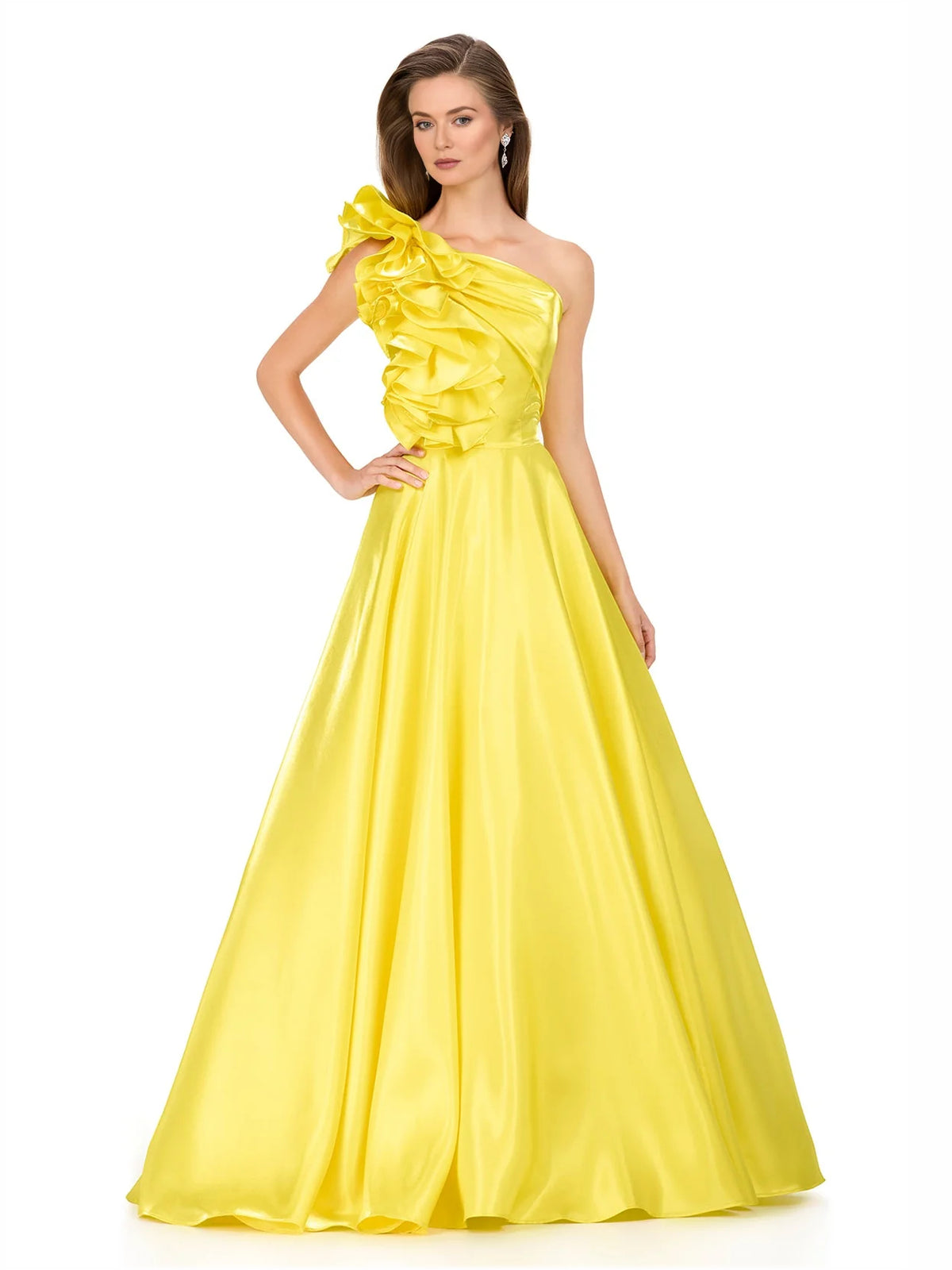 Yellow floor-length prom dress, alternate view showing the full-length profile