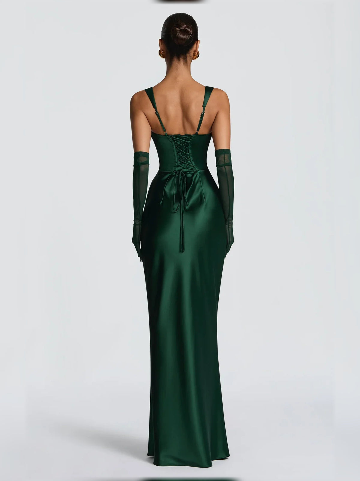 Burgundy mermaid floor-length formal dress with corset-style bodice, alternate view showing the hem