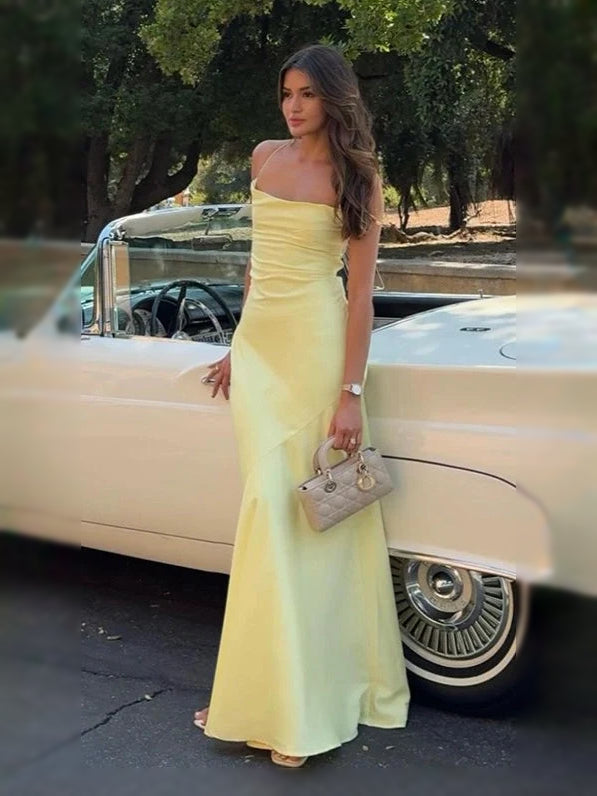 Pale Yellow sheath floor-length formal dress with corset-style bodice, alternate view