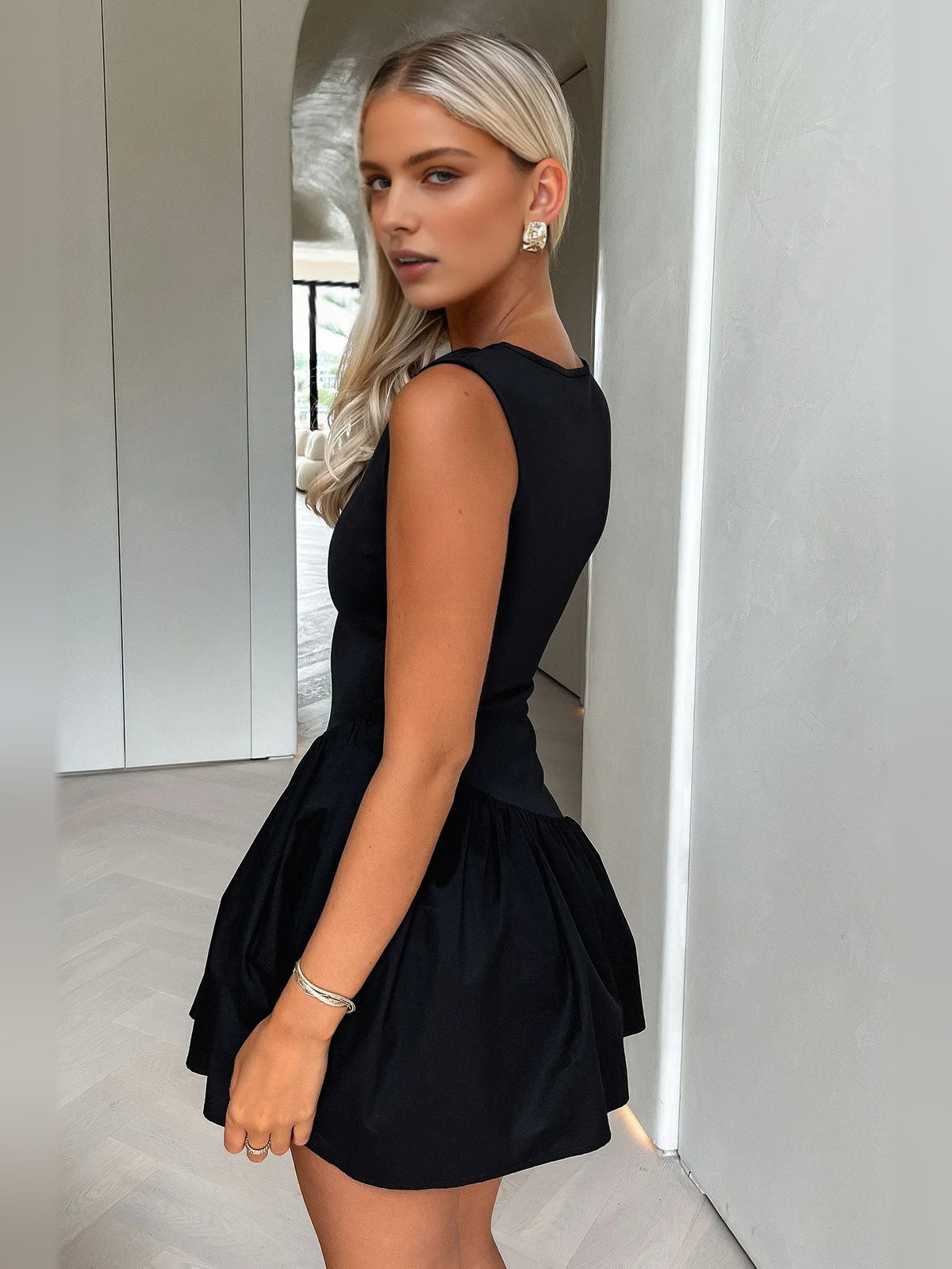 Ivory white mini homecoming dress, alternate view showing the full-length profile