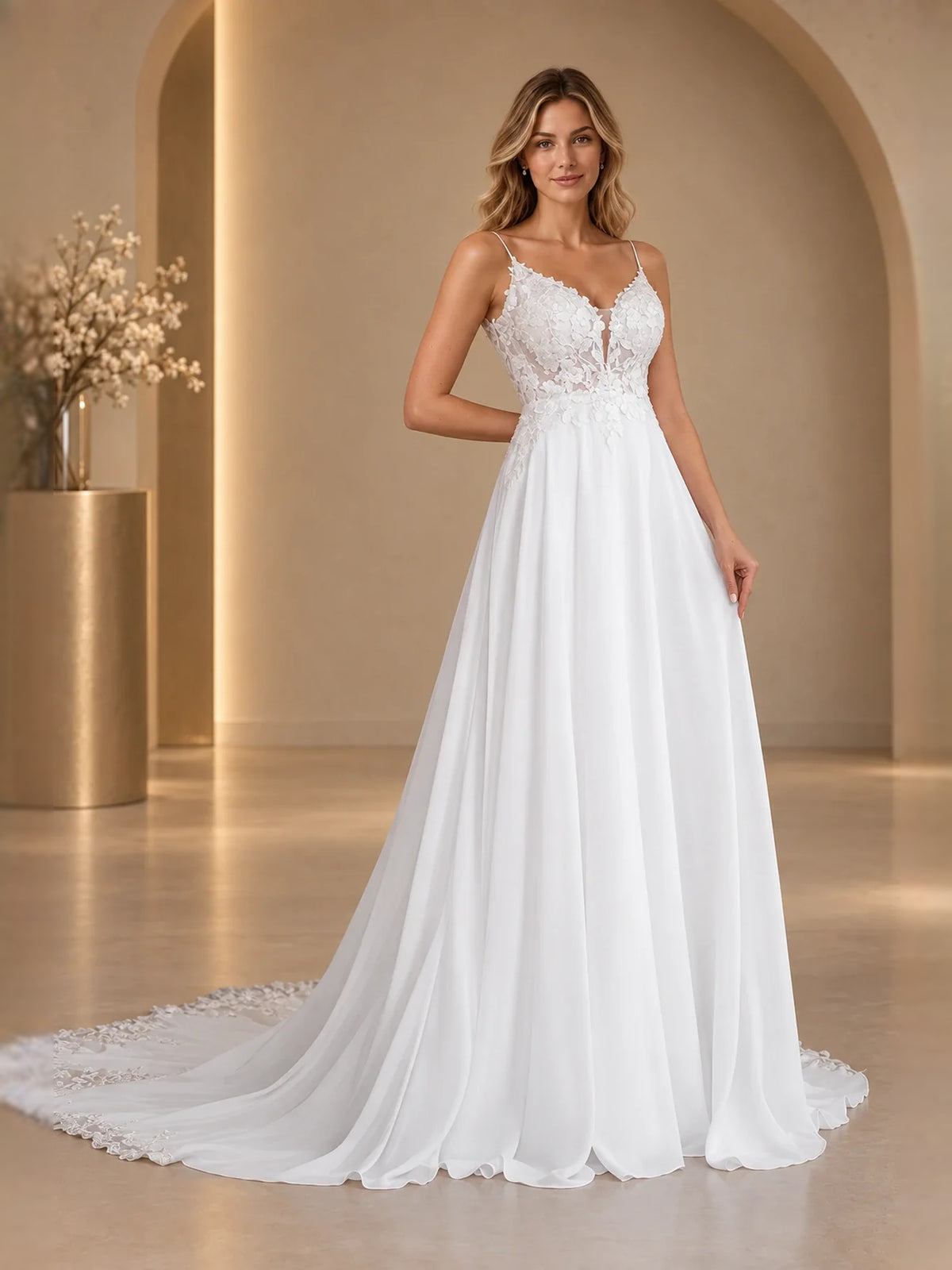 White floor-length wedding dress, alternate view showing the full-length profile