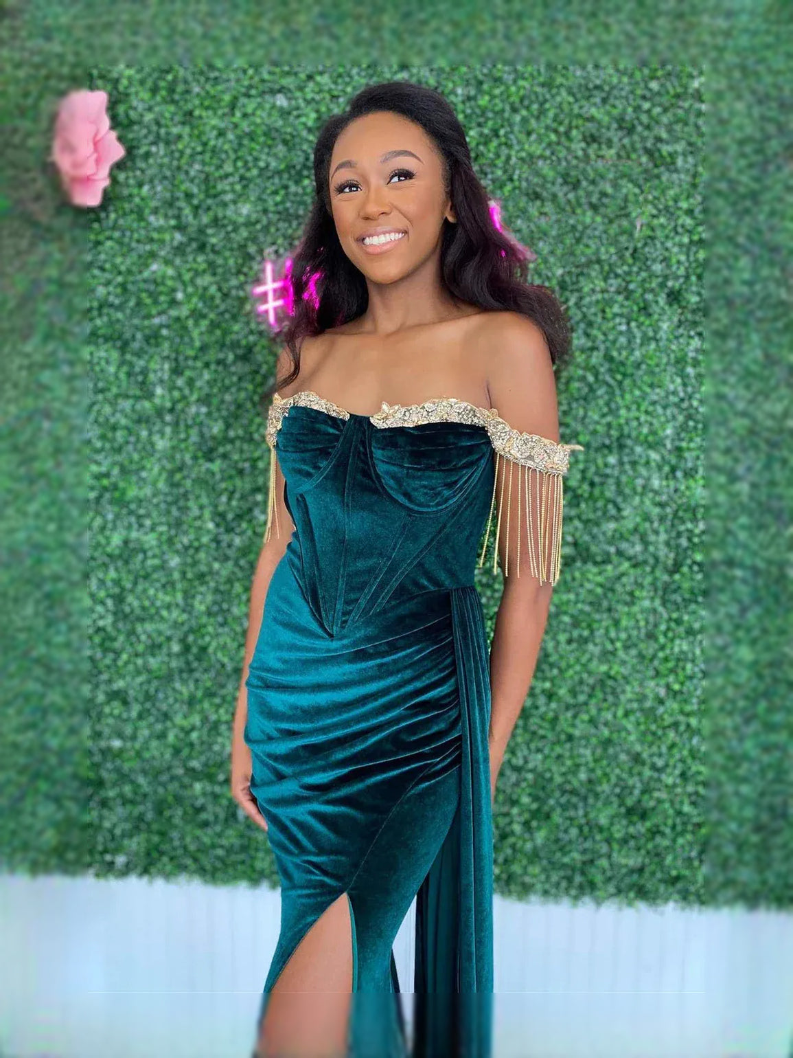 Emerald Green maxi prom dress, alternate view showing the full-length profile