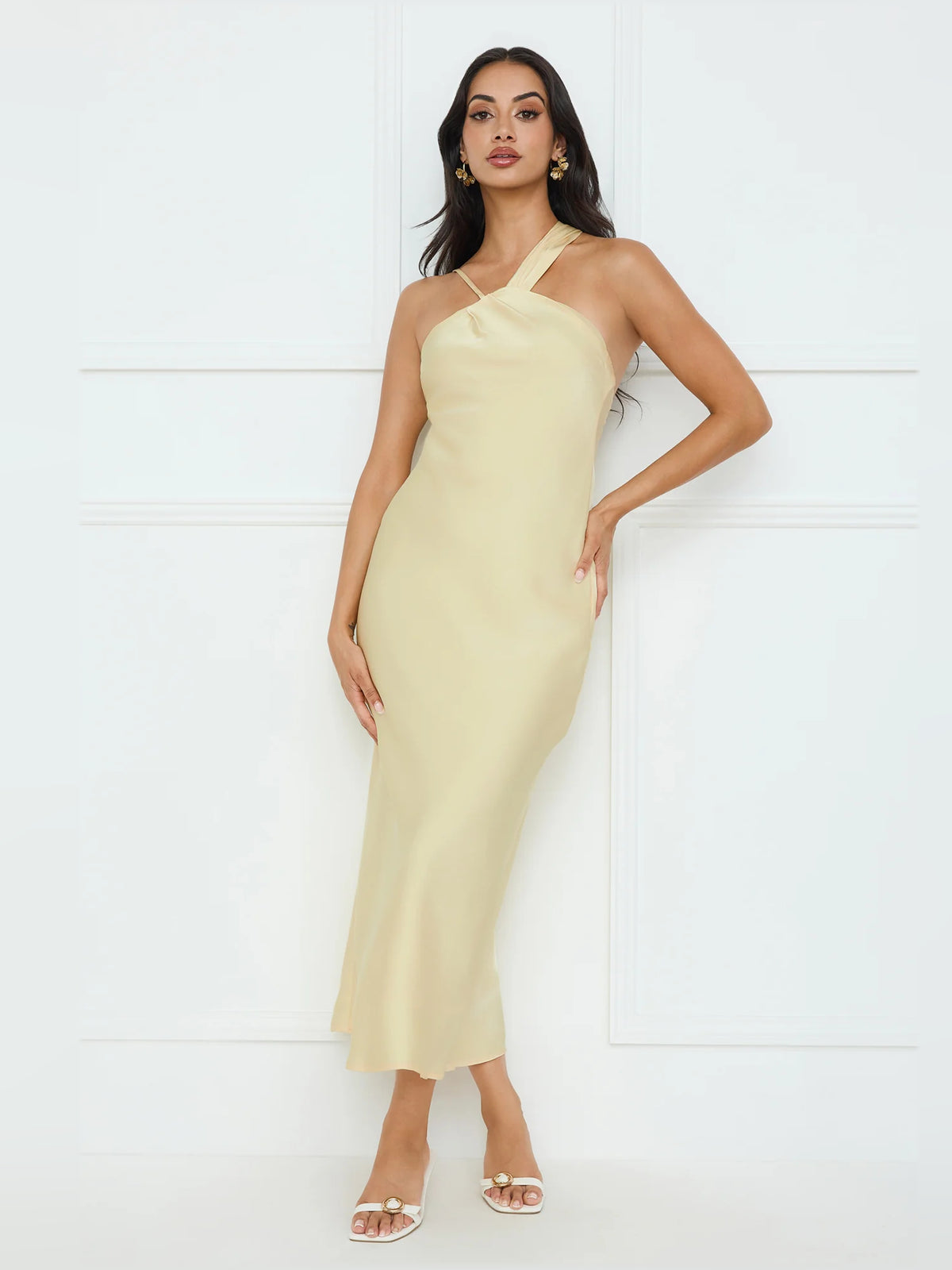 YELLOW midi formal dress, alternate view showing the hem