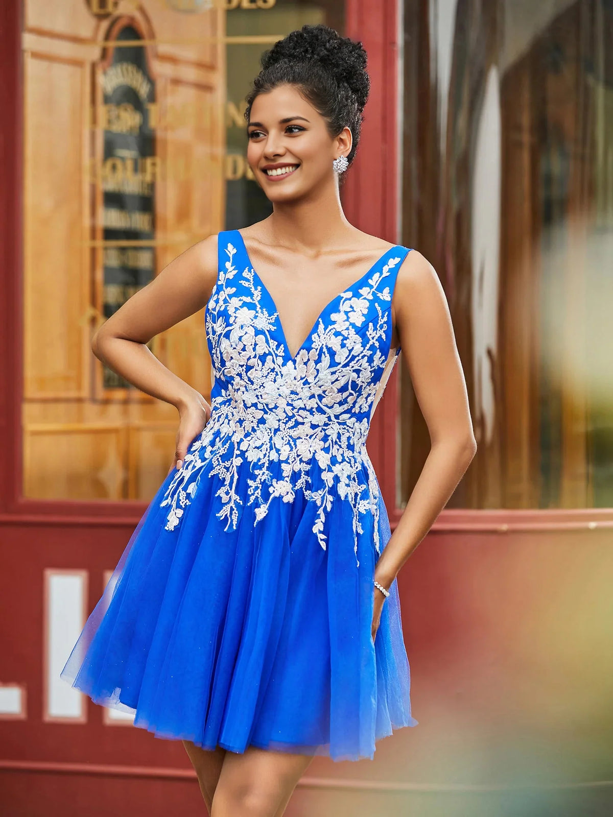Blue mini homecoming dress, alternate view showing the full-length profile
