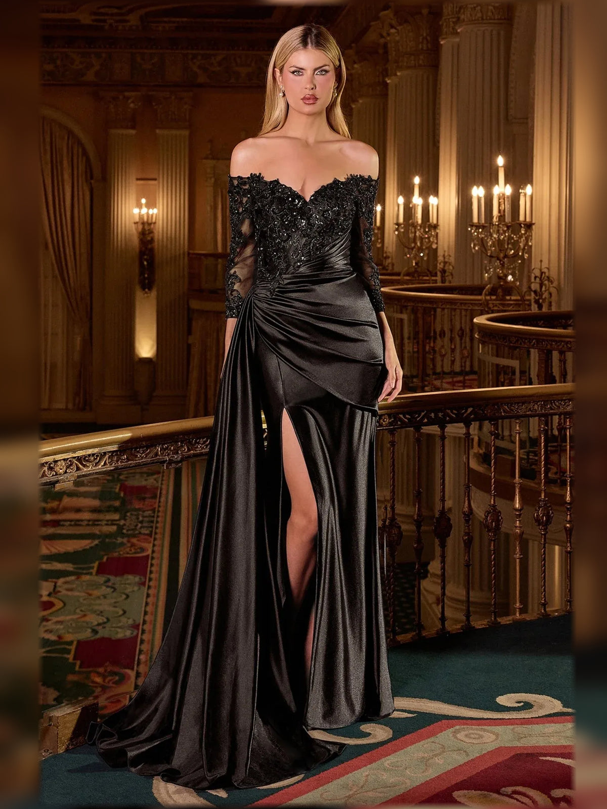 Black floor-length mother of the bride dress, alternate view showing the full-length profile