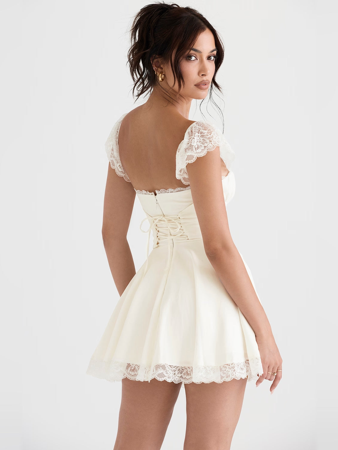 Ivory mini homecoming dress, alternate view showing the full-length profile