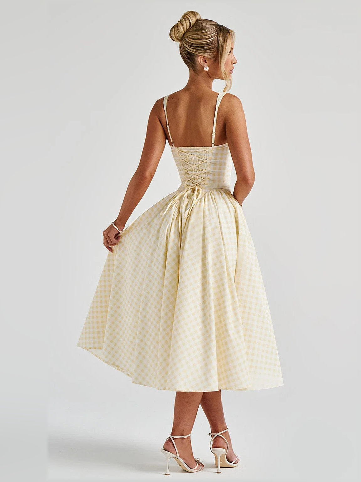 Lemon Gingham midi formal dress, alternate view showing the hem
