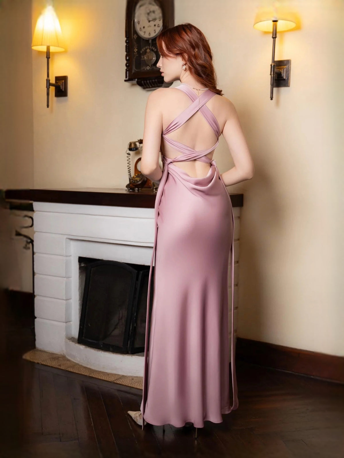 Gold maxi prom dress, alternate view showing the full-length profile