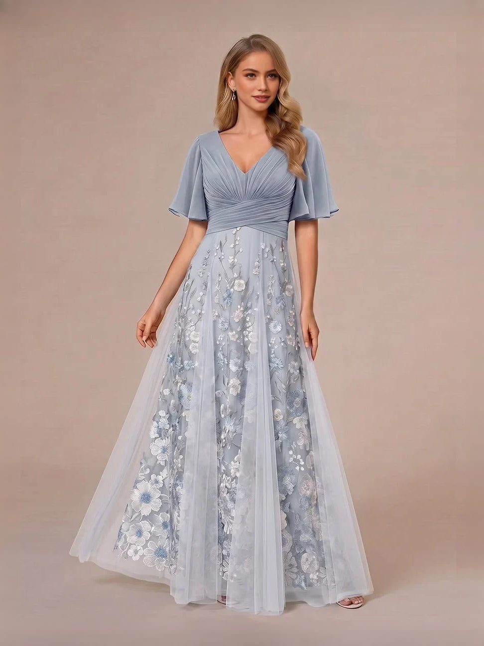 Dusty Blue floor-length mother of the bride dress, alternate view showing the full-length profile