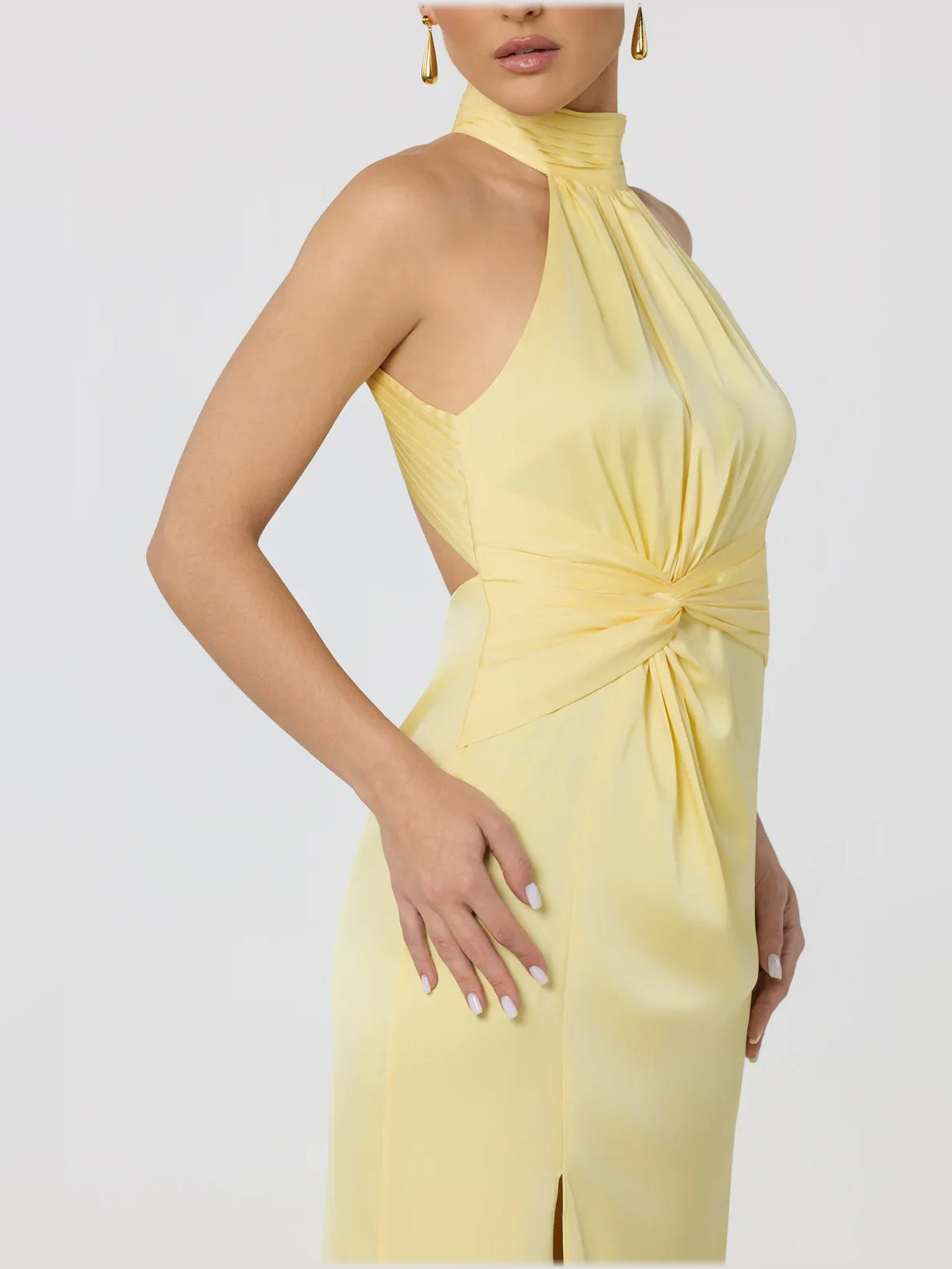 Dusty Sage sheath floor-length formal dress with draping, alternate view showing the hem