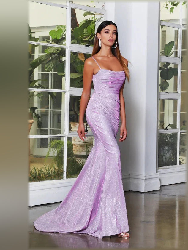 Lilac mermaid floor-length formal dress with ruching, alternate view