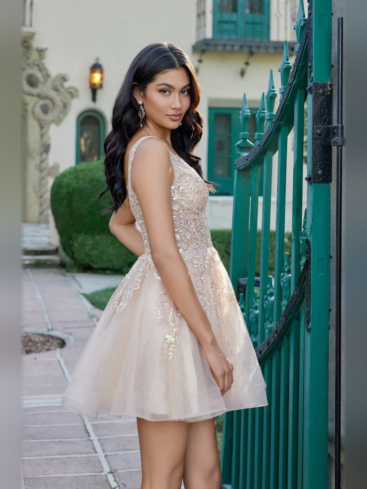 Champagne short homecoming dress, alternate view showing the full-length profile