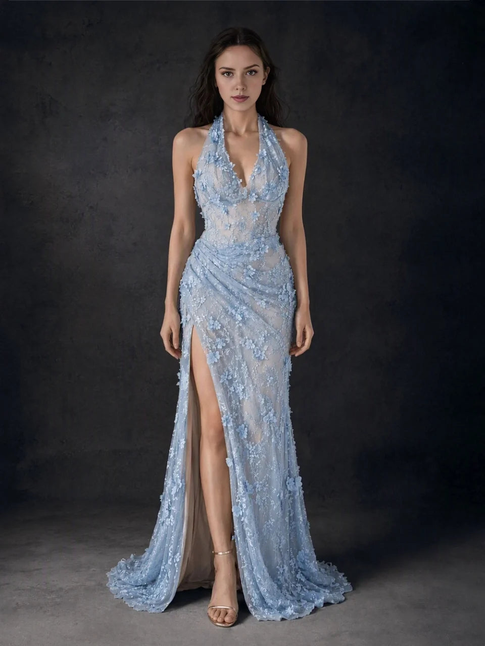 Sage Green mermaid floor-length formal dress with skirt slit, alternate view showing the hem
