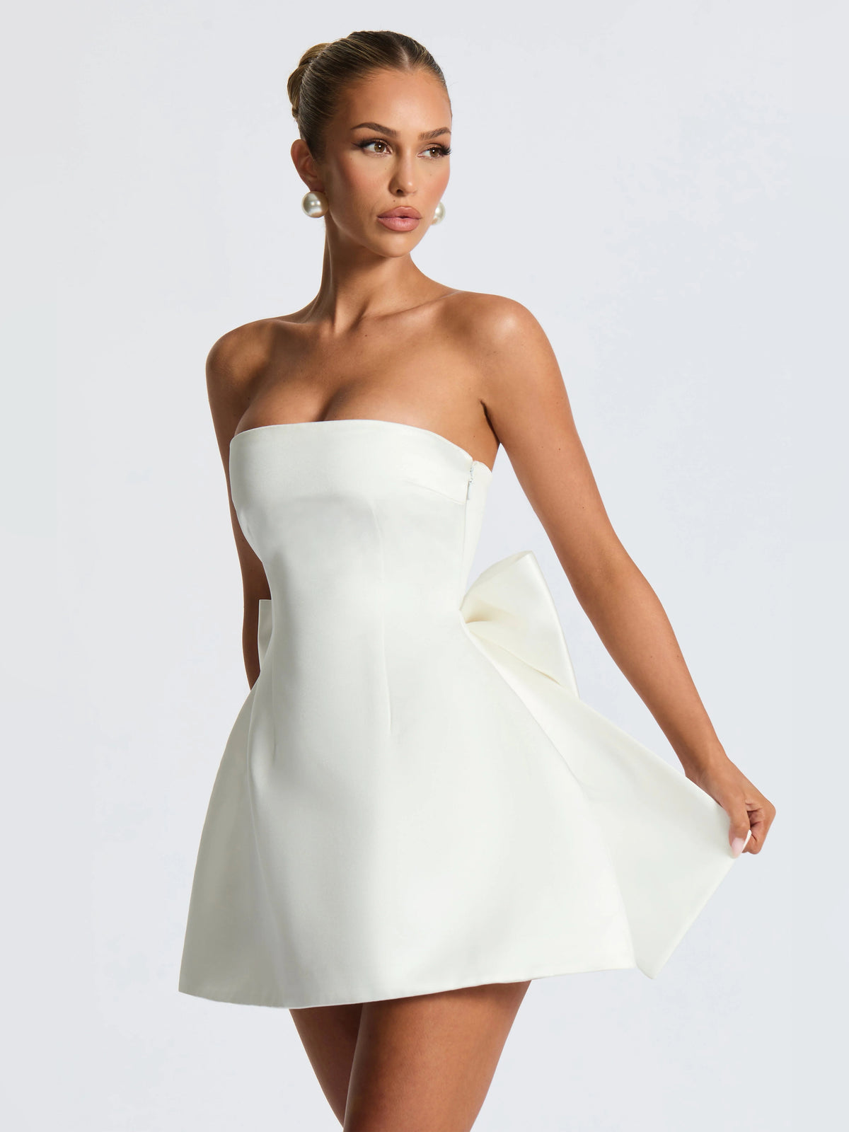 Ivory mini homecoming dress, alternate view showing the full-length profile