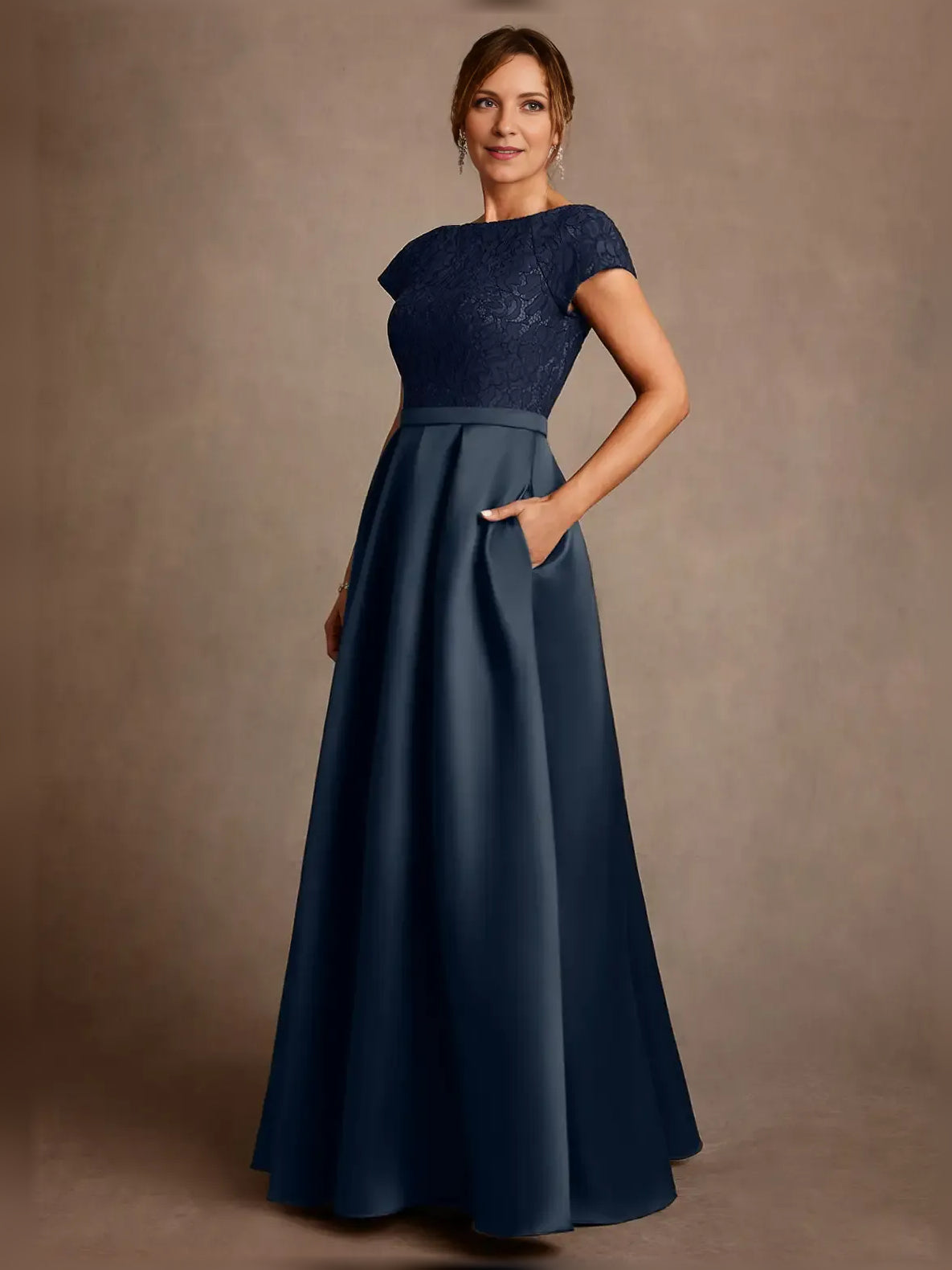 Navy Blue floor-length mother of the bride dress, alternate view showing the full-length profile