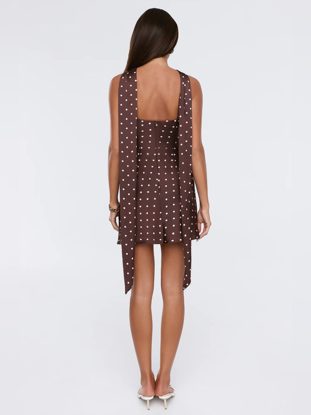 Brown mini homecoming dress, alternate view showing the full-length profile