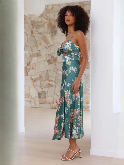 Green Floral midi formal dress with floral print, alternate view showing the hem