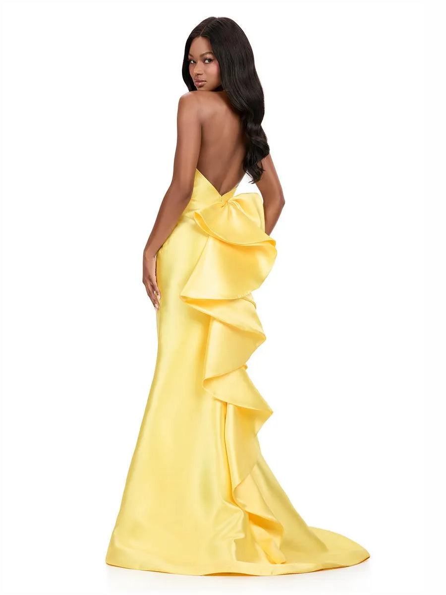 Red a-line floor-length formal dress with skirt slit, alternate view showing the hem