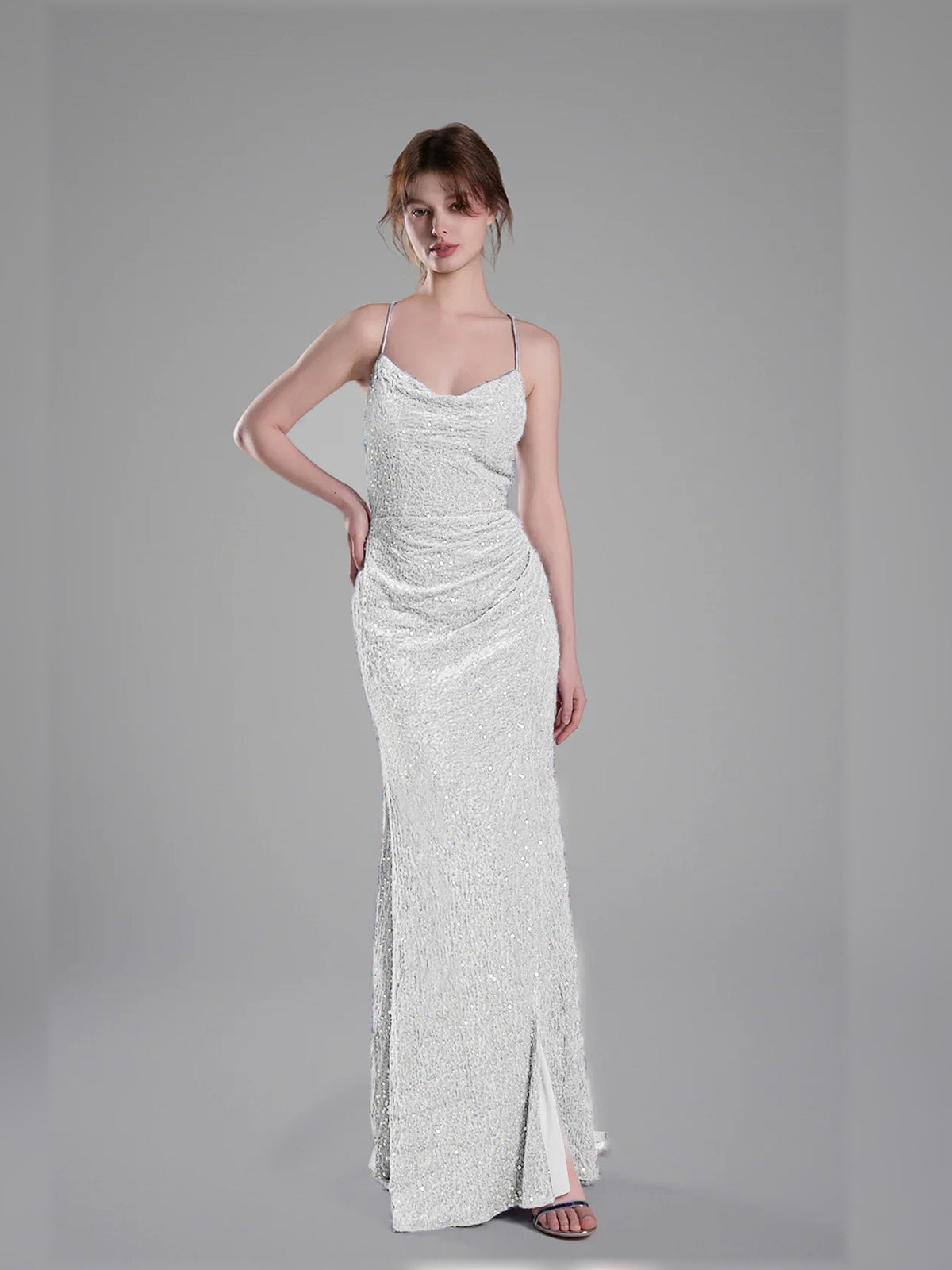White mermaid floor-length formal dress with sequins, alternate view