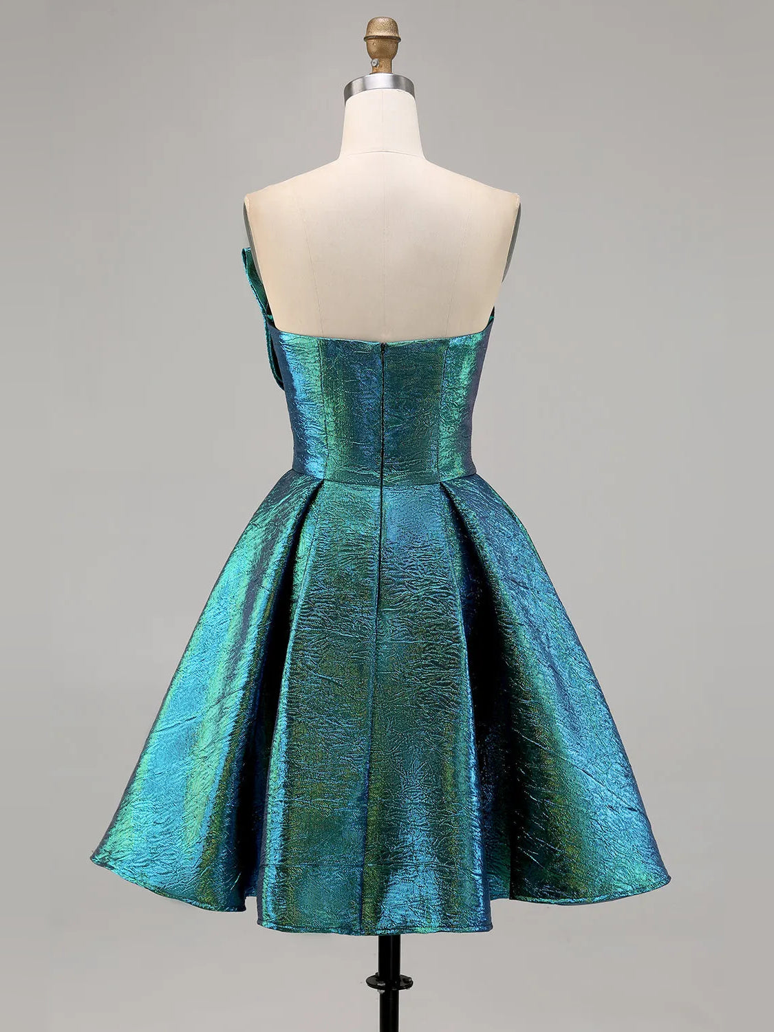 Peacock mini homecoming dress, alternate view showing the full-length profile