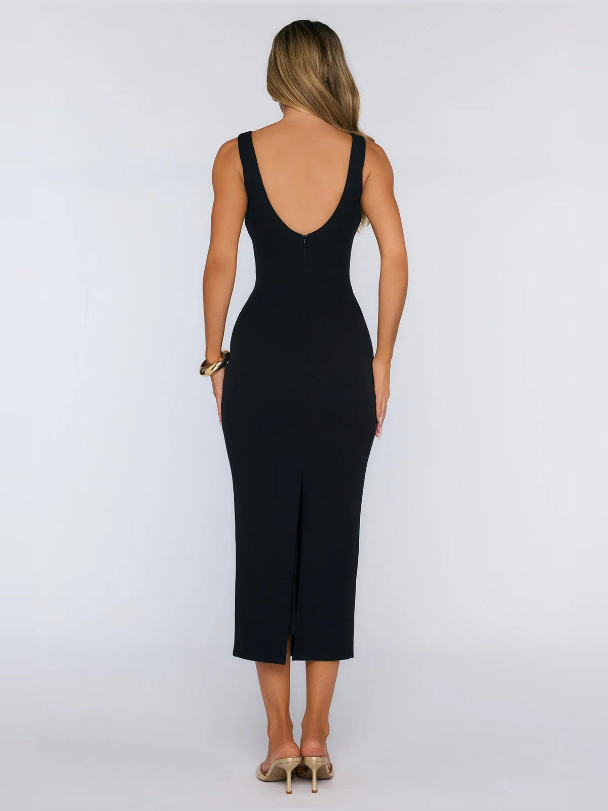 Black midi formal dress, alternate view showing the hem