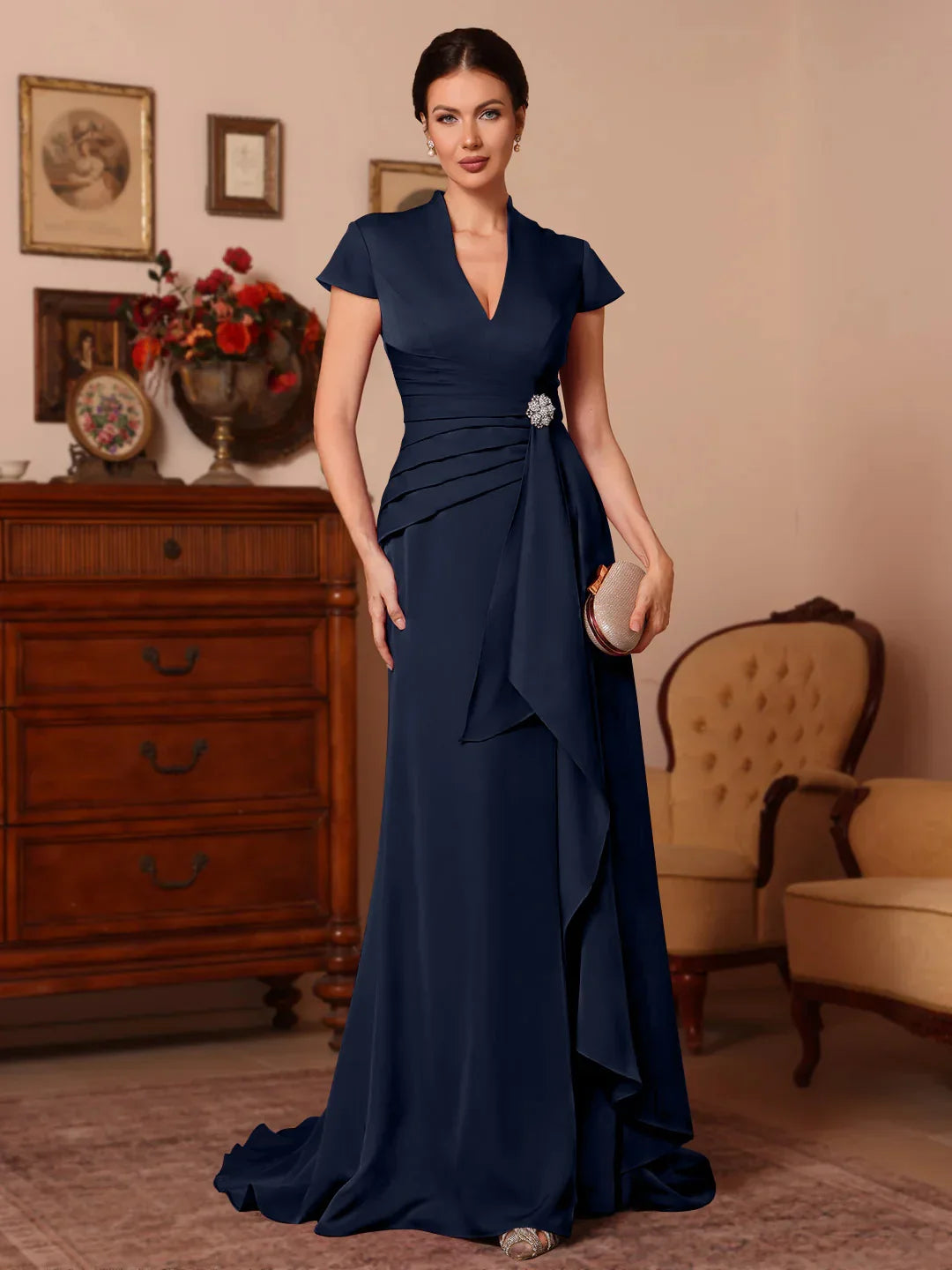 Dark Navy floor-length mother of the bride dress, alternate view showing the full-length profile