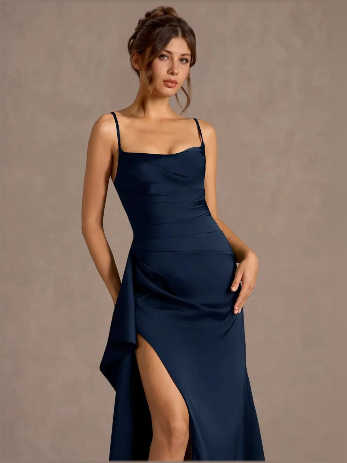 Dark Navy sheath floor-length formal dress with draping, alternate view