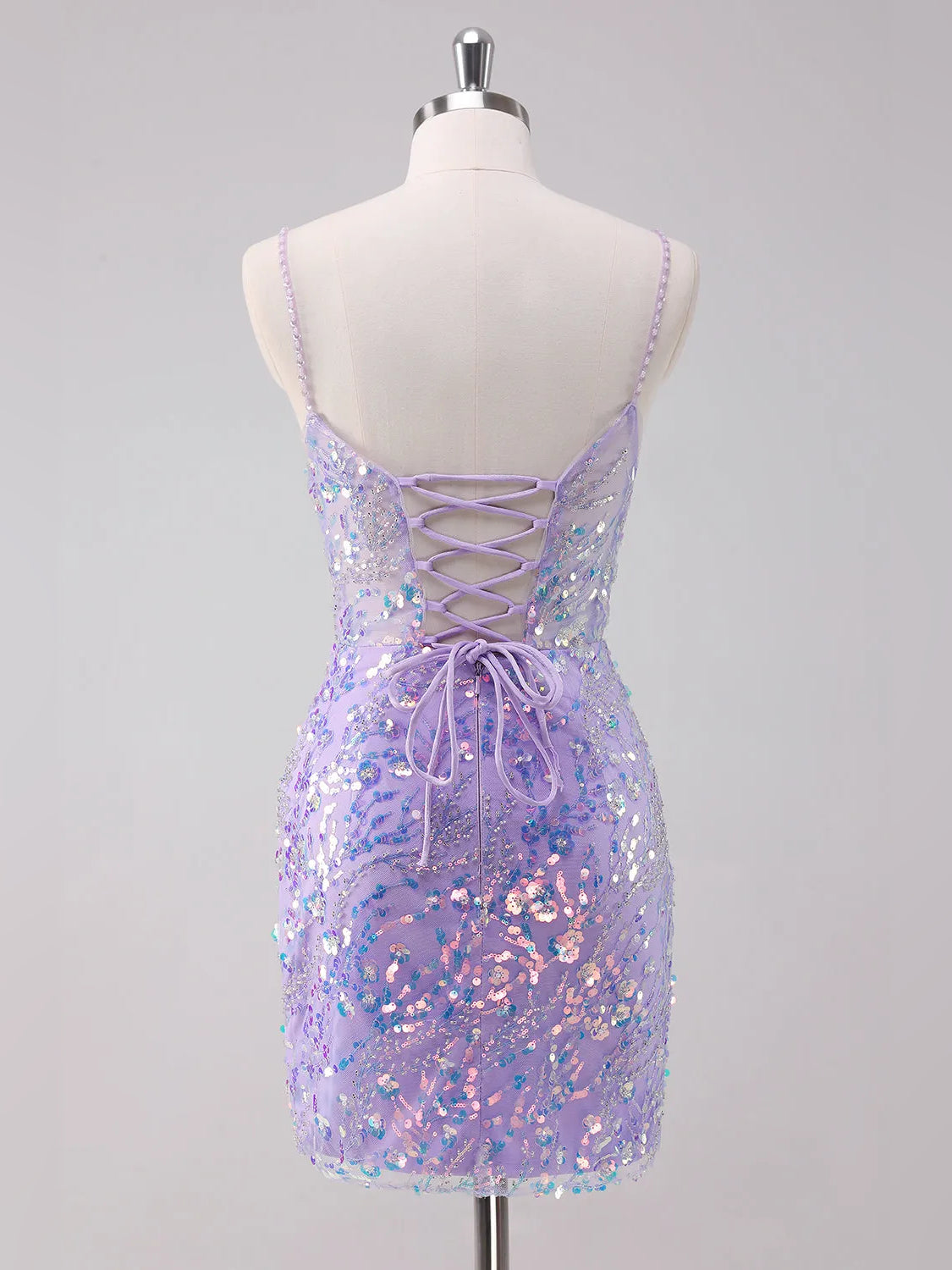 Lilac mini homecoming dress, alternate view showing the full-length profile