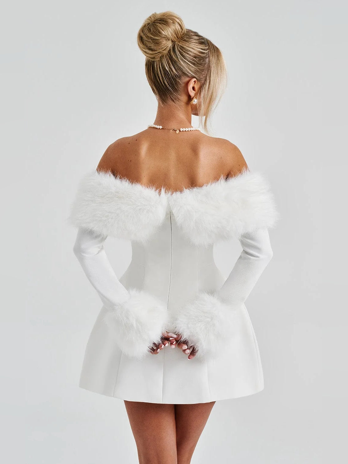 Ivory mini homecoming dress, alternate view showing the full-length profile