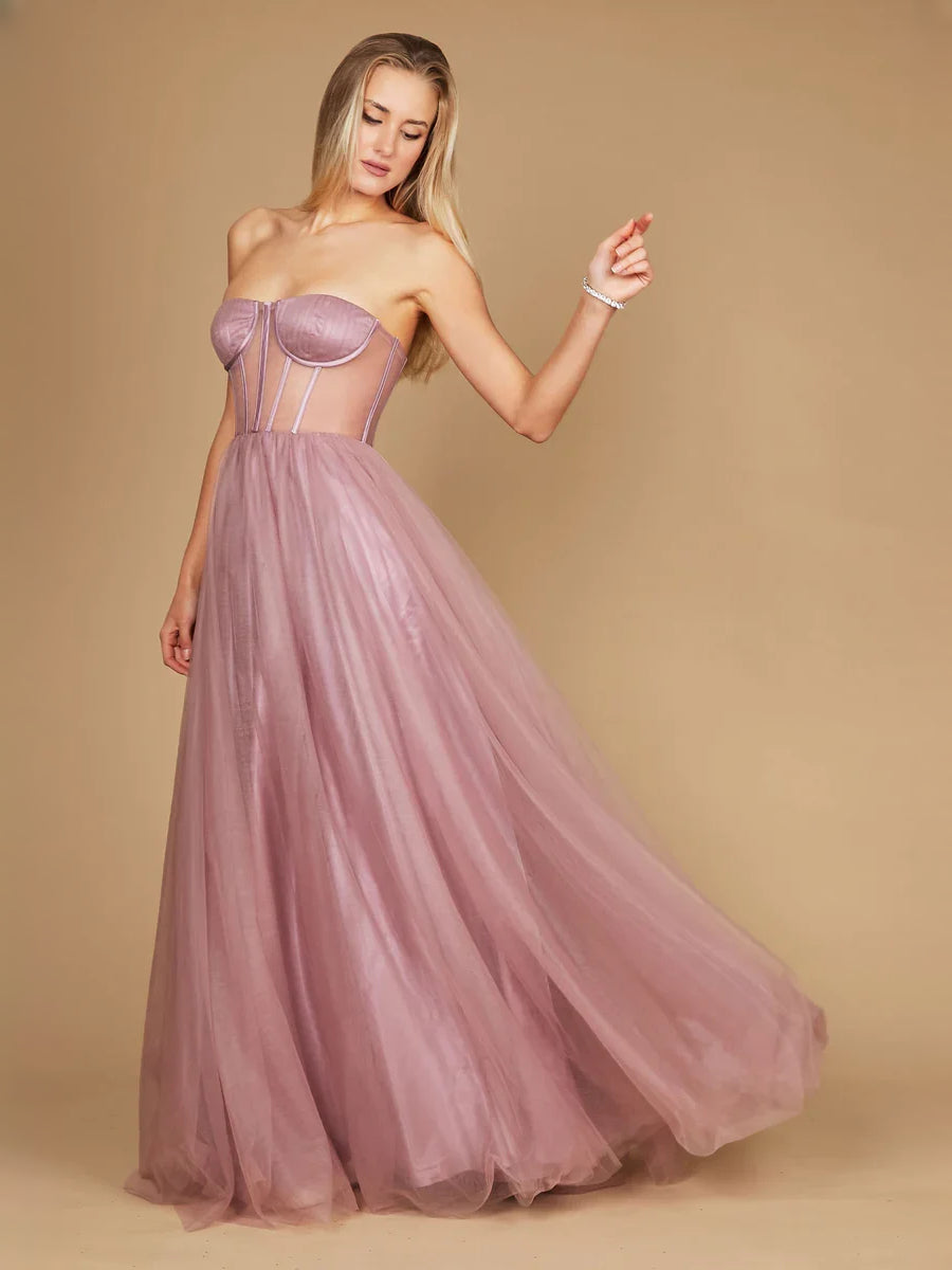 Mauve floor-length prom dress, back view showing the rear of the dress from another angle