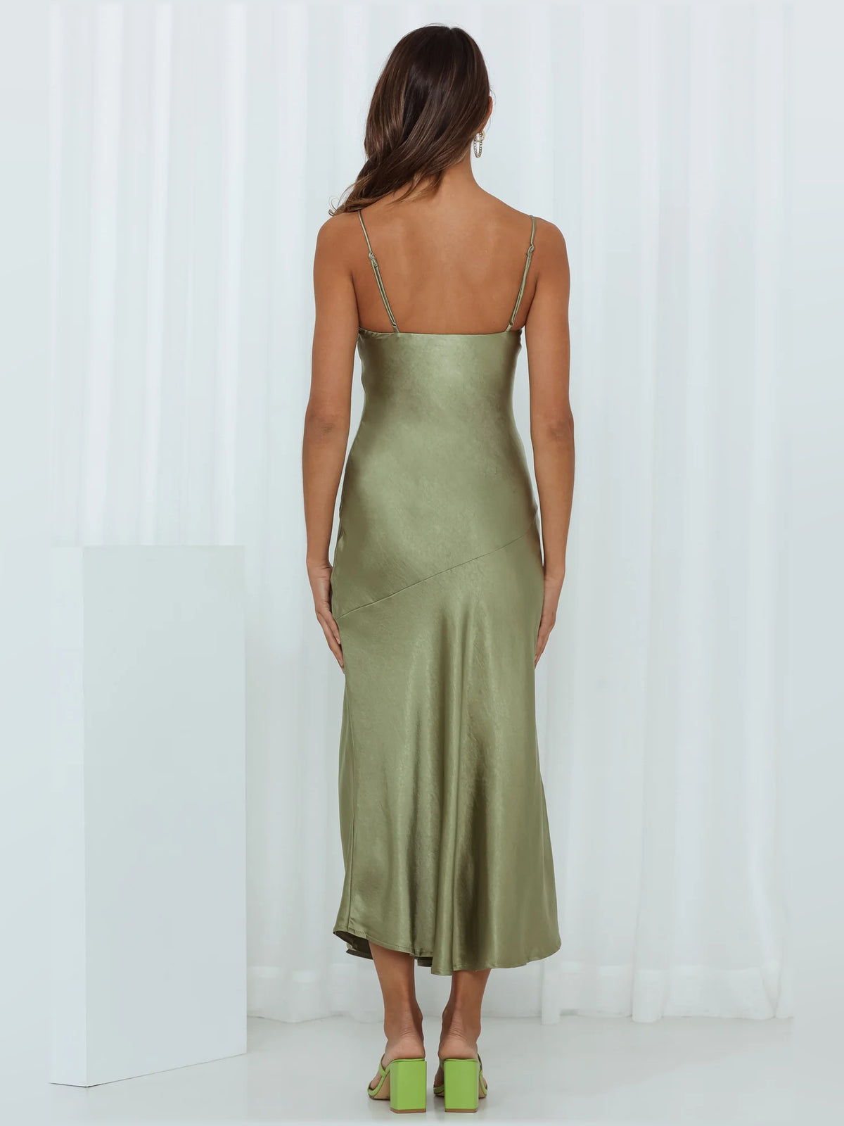 Olive midi formal dress, alternate view showing the hem