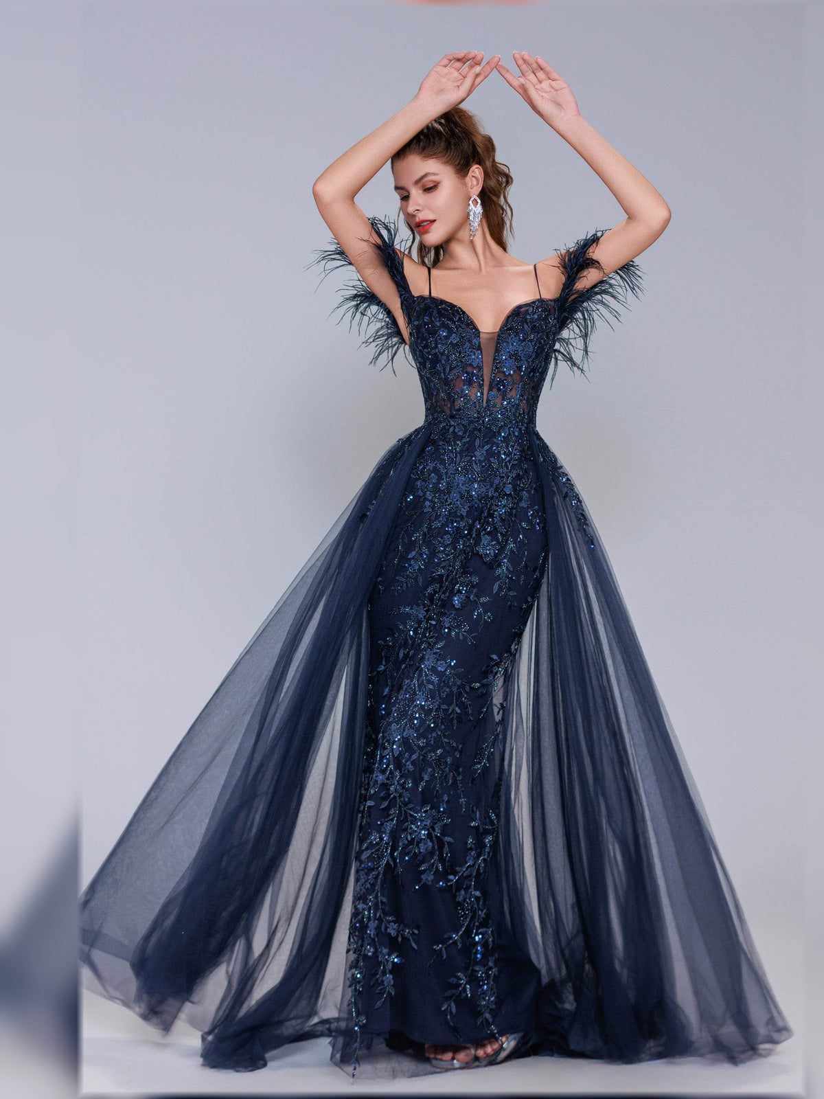 Navy Blue mermaid floor-length formal dress with corset-style bodice, alternate view showing the hem