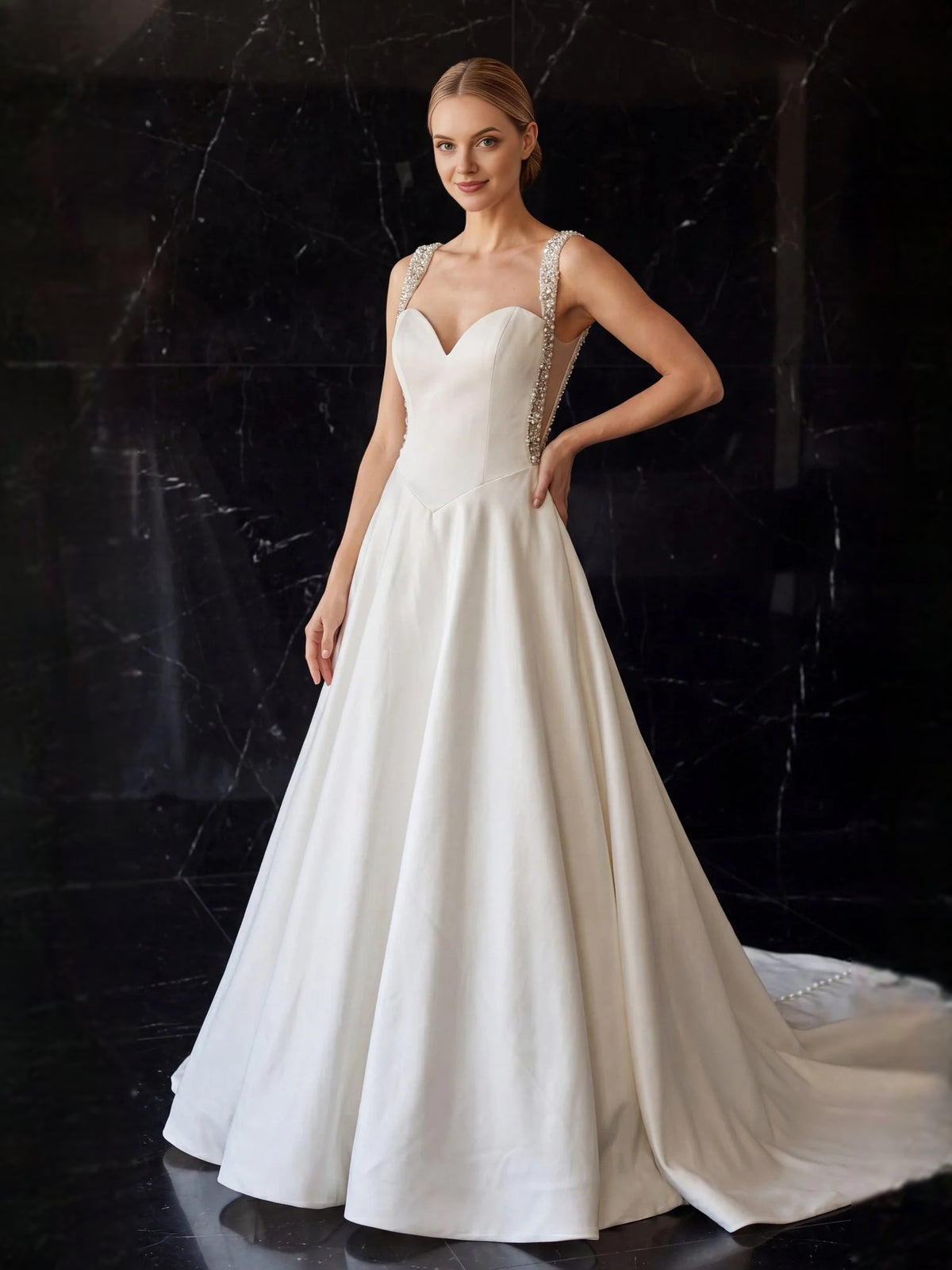 White floor-length wedding dress, alternate view showing the full-length profile