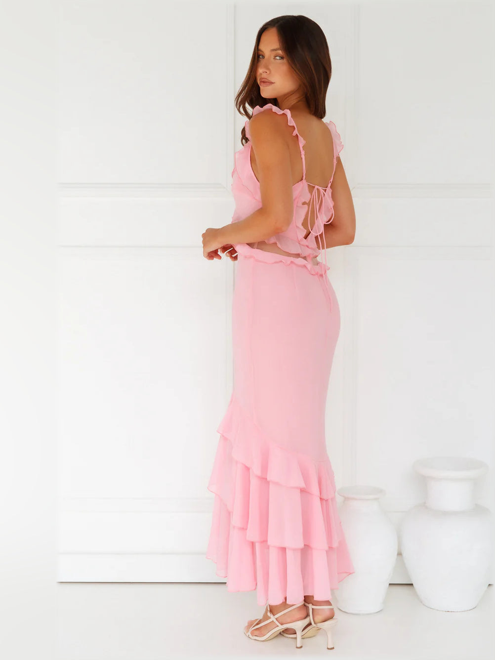 Pink midi formal dress, alternate view showing the hem
