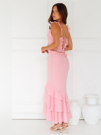 Pink midi formal dress, alternate view showing the hem