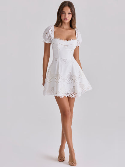 White mini homecoming dress, alternate view showing the full-length profile