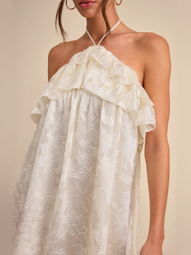 Ivory Floral mini homecoming dress, alternate view showing the full-length profile