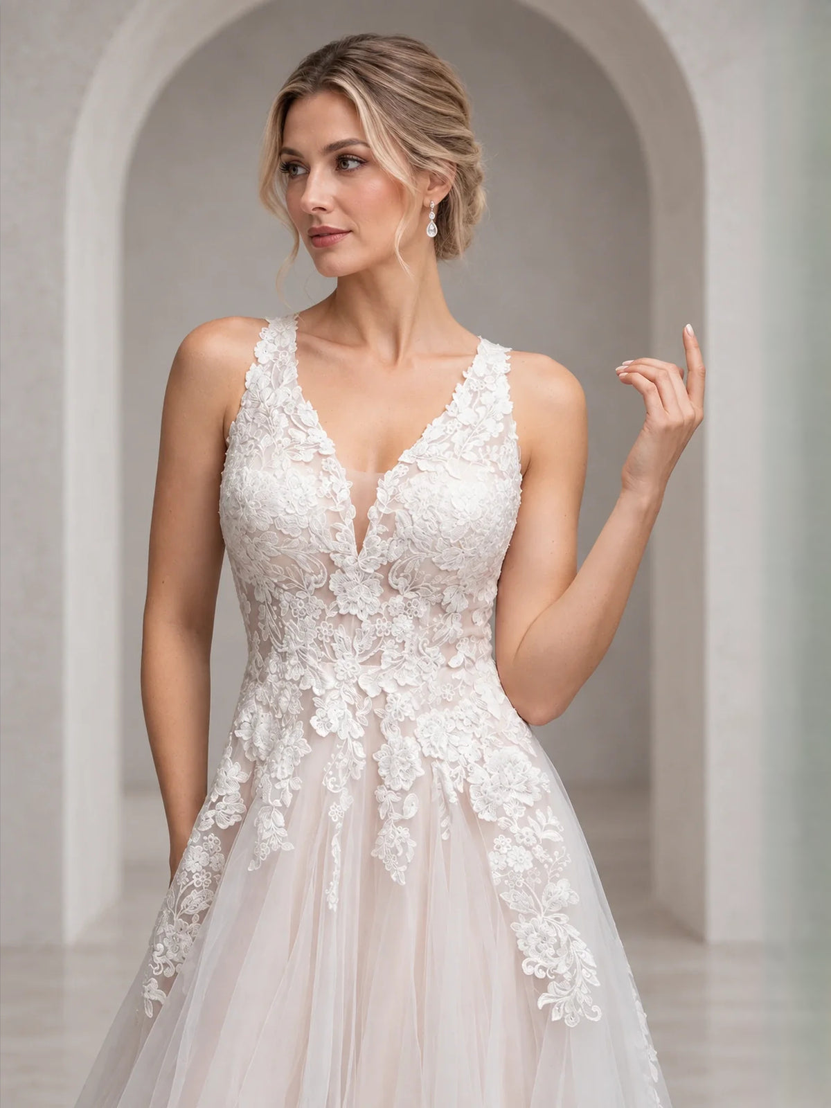 Ivory floor-length wedding dress, alternate view showing the full-length profile