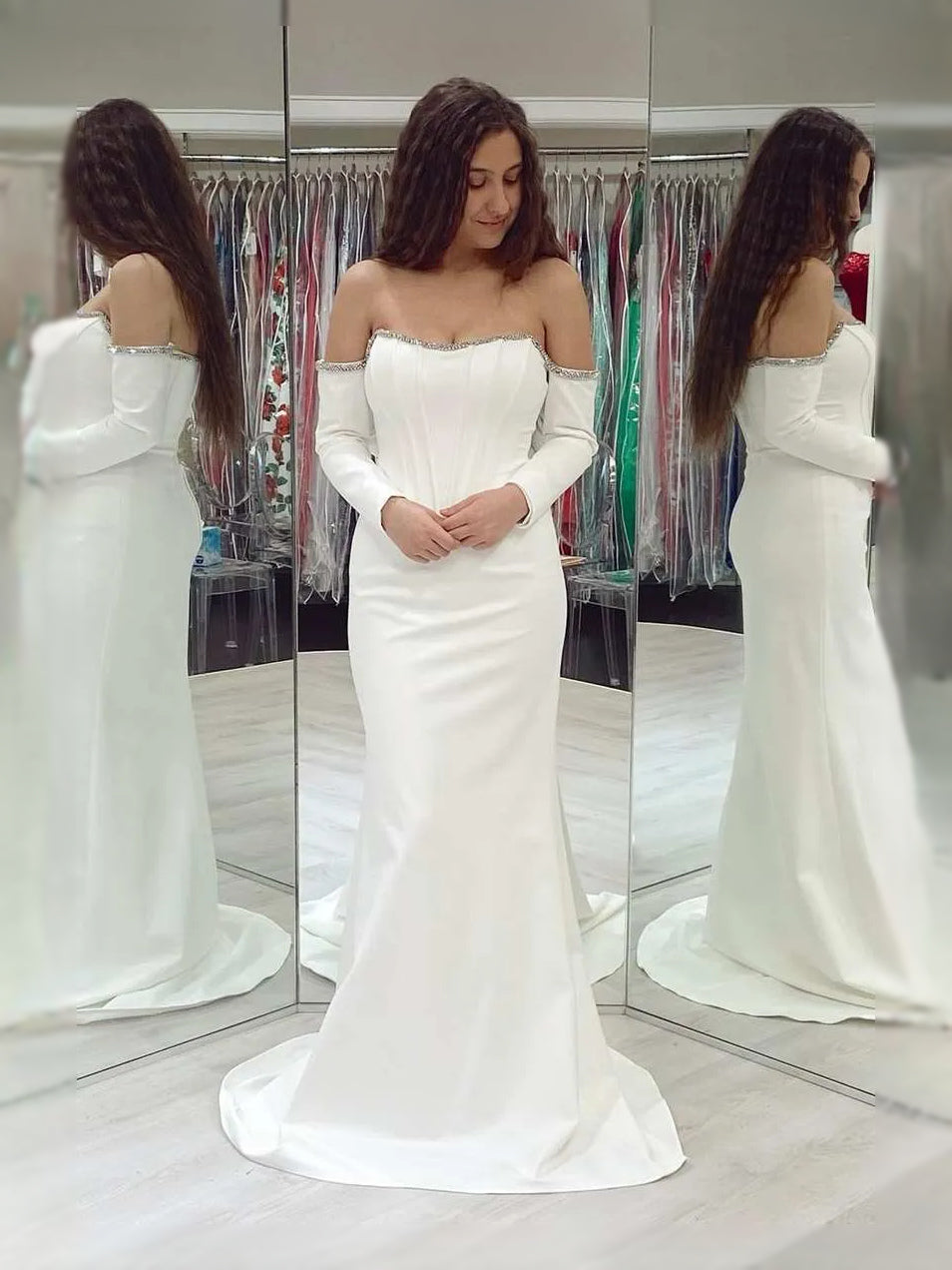White maxi prom dress, back view showing the rear of the dress