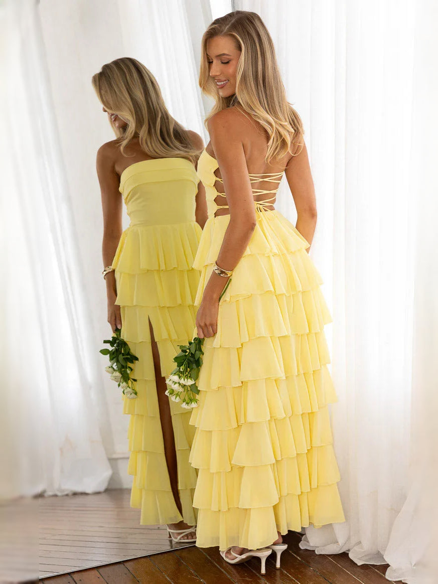Pink maxi prom dress, alternate view showing the full-length profile
