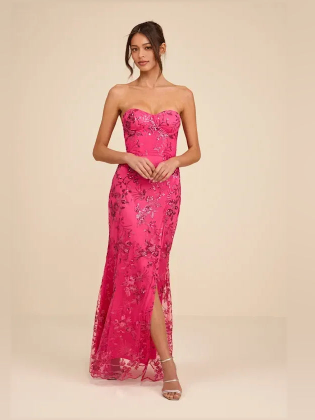 Hot Pink maxi prom dress, alternate view showing the full-length profile