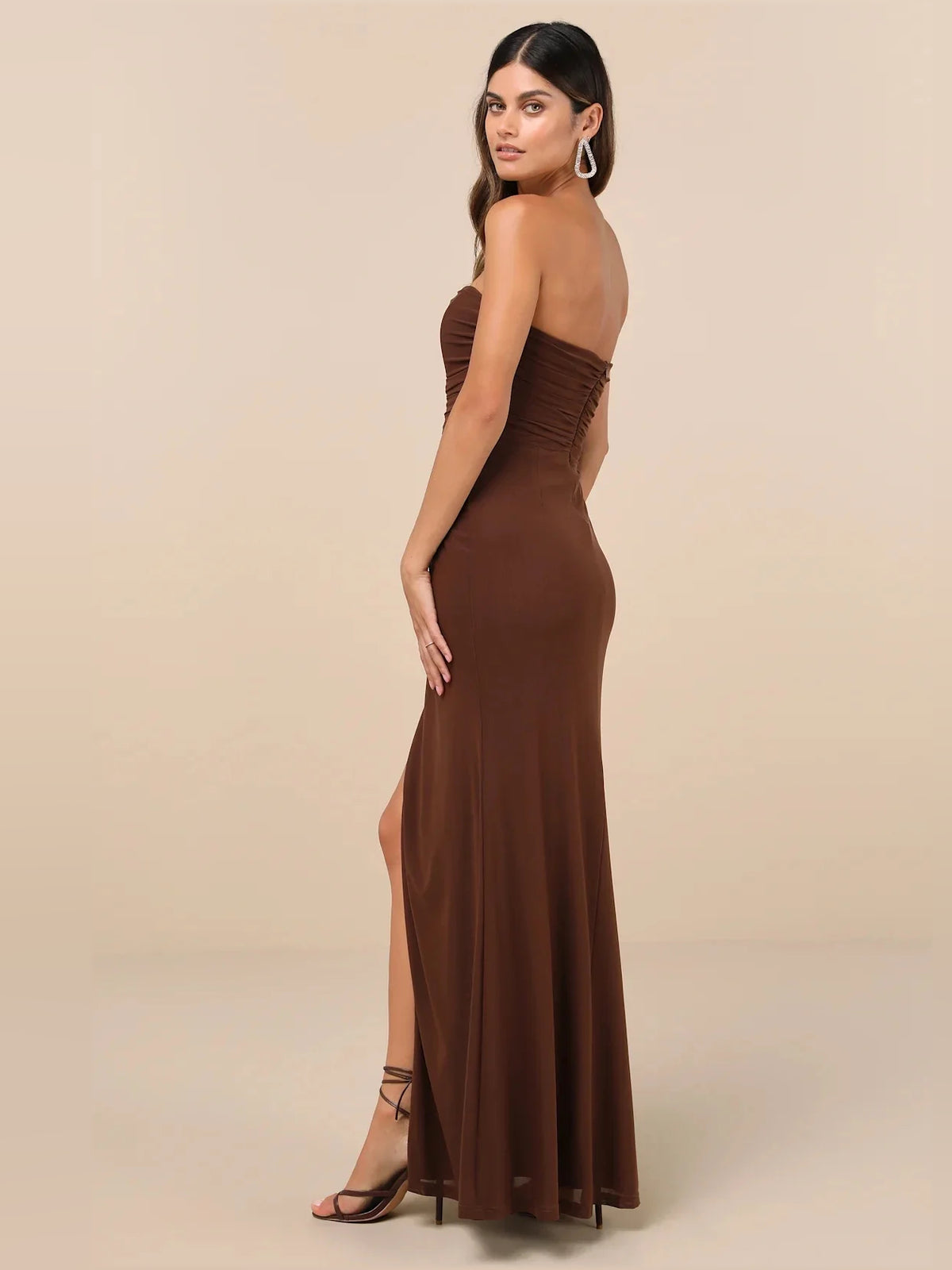 Burgundy maxi bridesmaid dress, alternate view showing the full-length profile