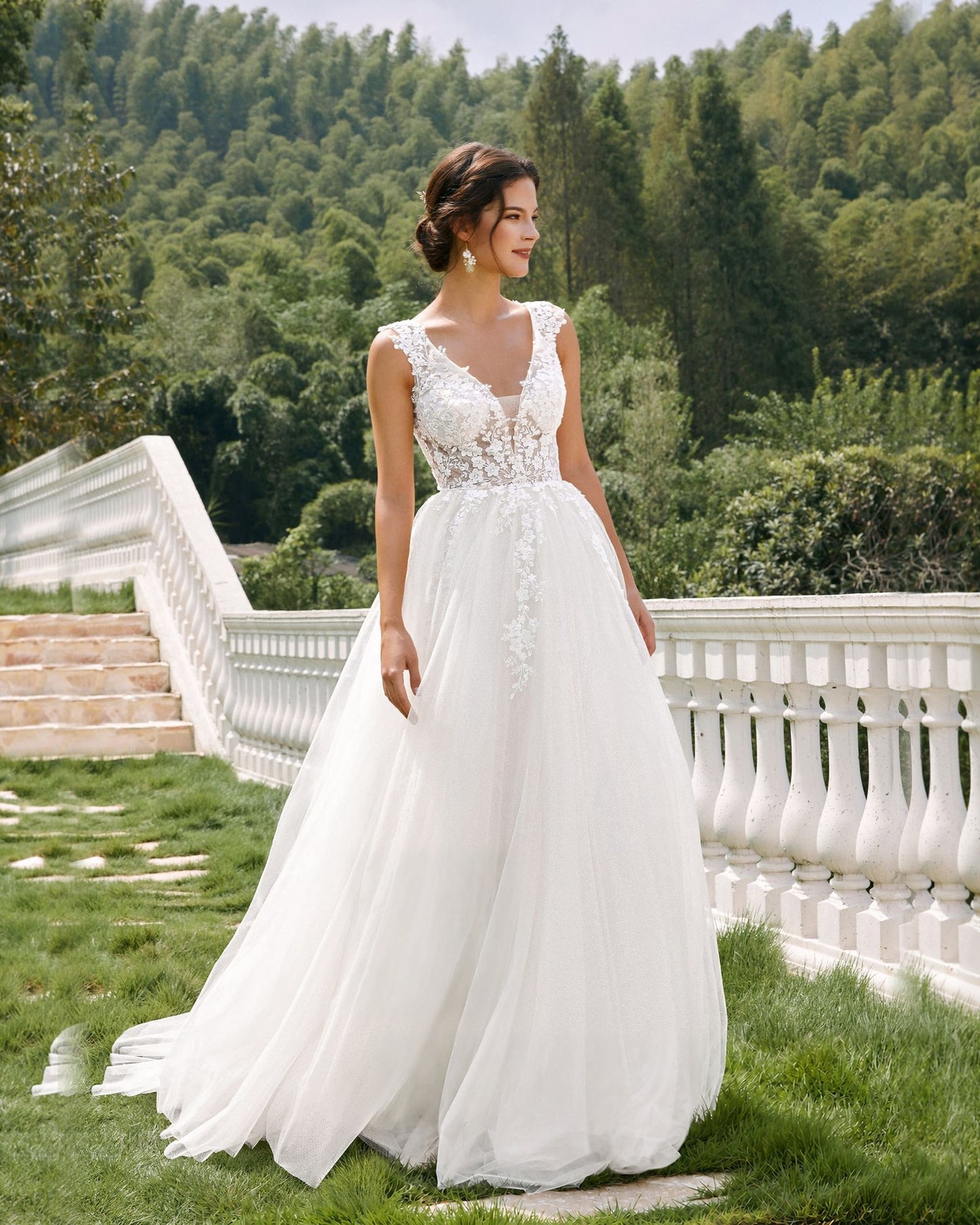 sleeveless v-neck lace tulle a-line wedding dress - image 7