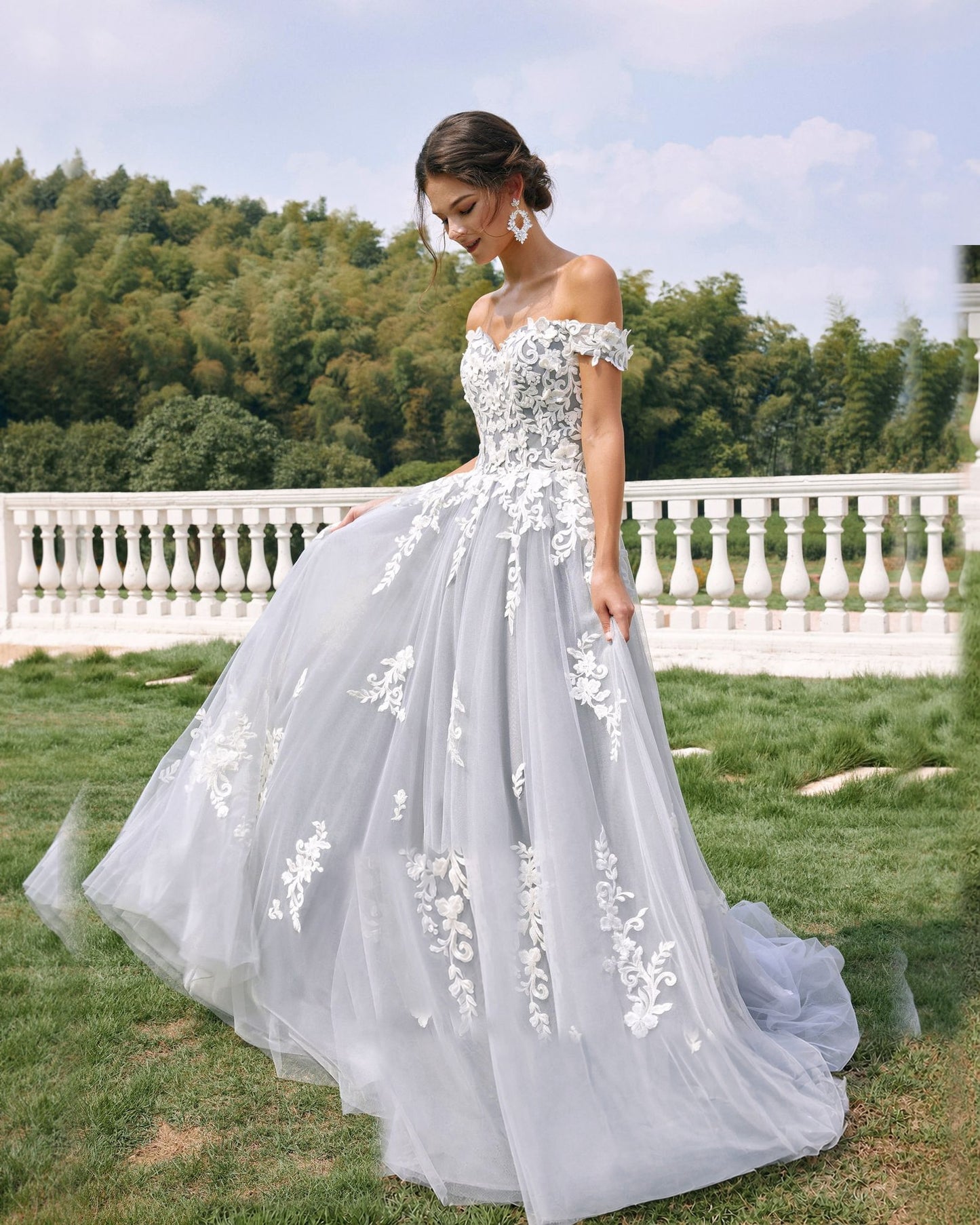 off-shoulder lace applique tulle ball gown wedding dress - image 7