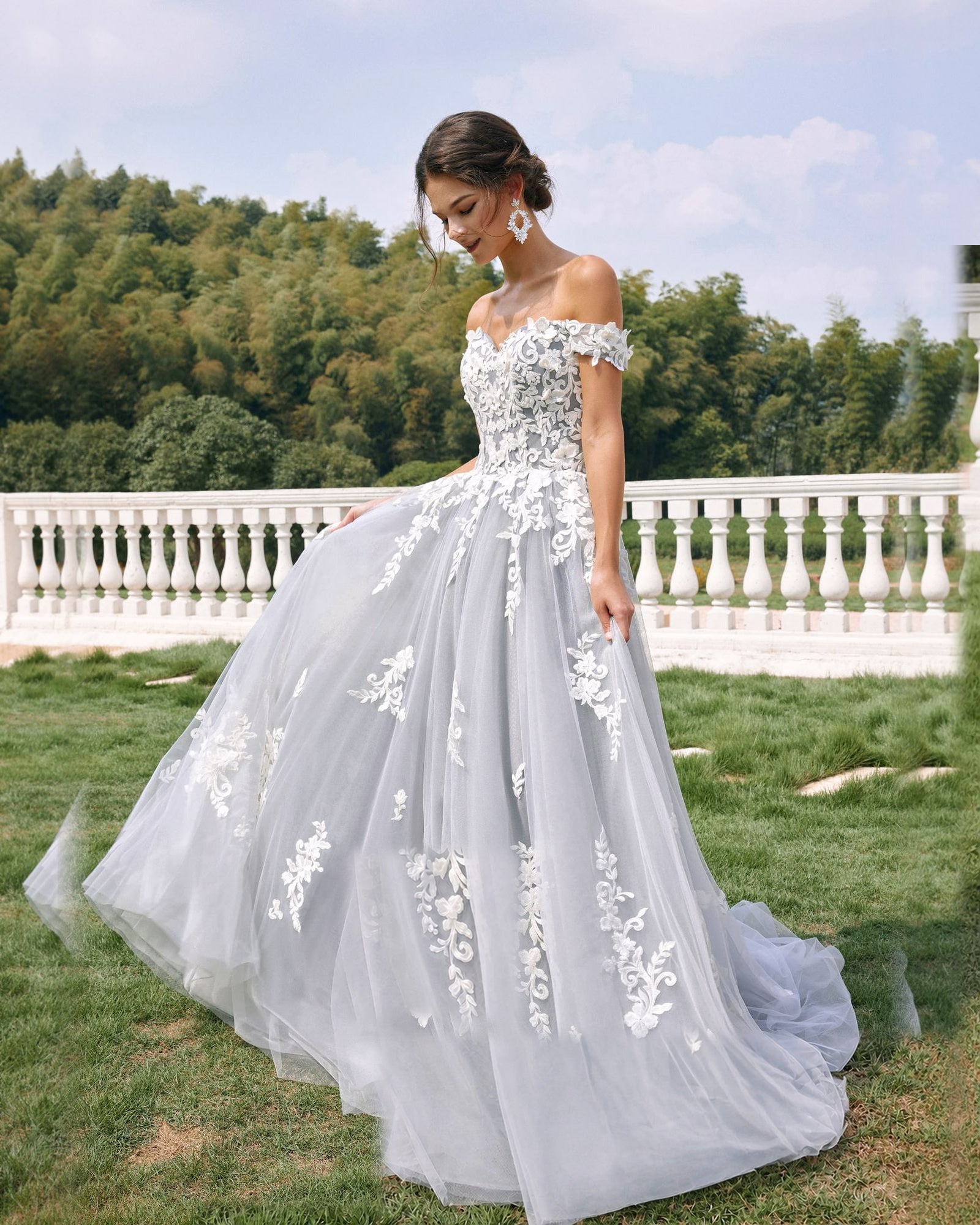 off-shoulder lace applique tulle ball gown wedding dress - image 7